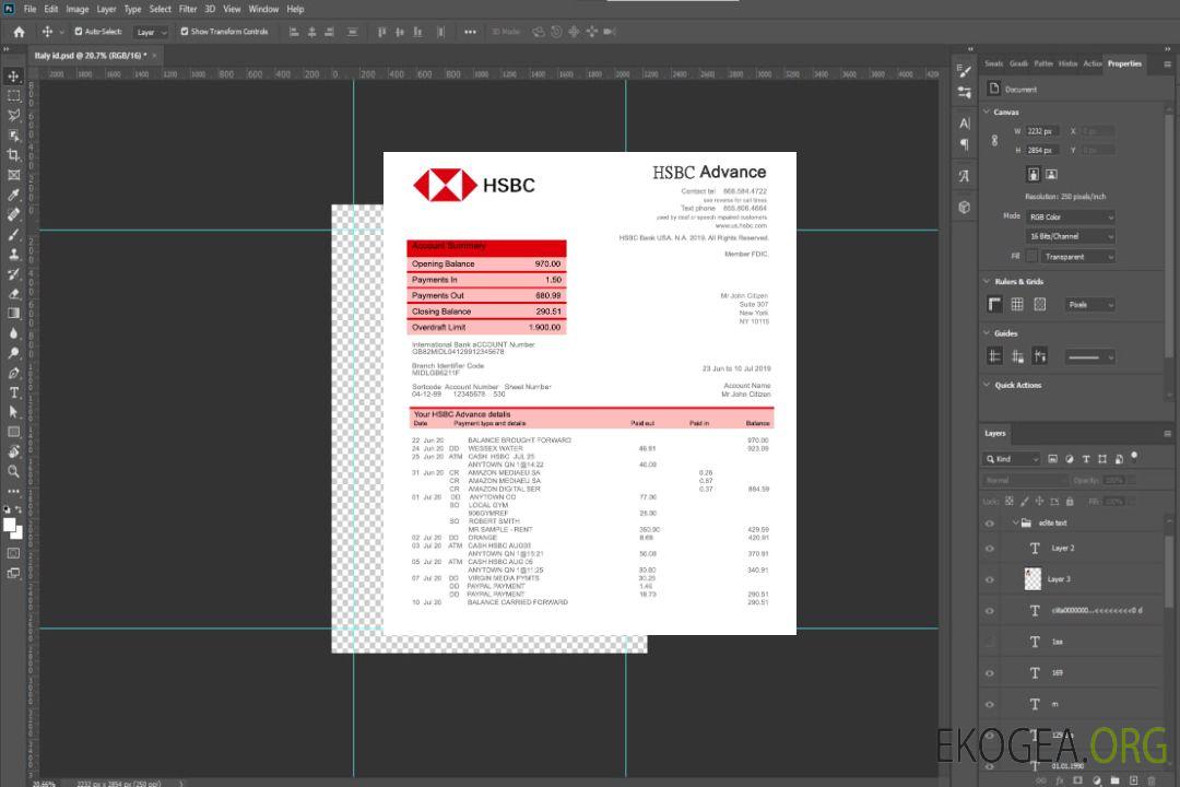 Modèle de relevé bancaire USA HSBC, entièrement modifiable au format PSD template Modèle de relevé bancaire USA HSBC, entièrement modifiable au format PSD template